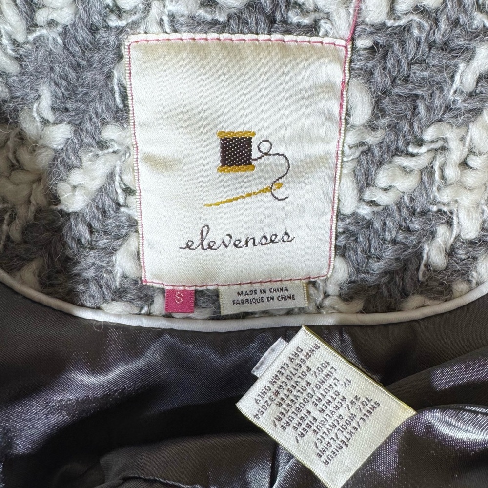 Anthropologie Houndstooth Gray Tweed Crochet 3/4 Sleeve Hooded Peacoat Jacket S - Picture 12 of 14